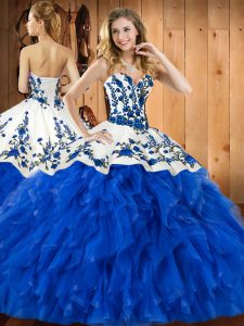 Blue Sleeveless Floor Length Embroidery and Ruffles Lace Up Sweet 16 Quinceanera Dress