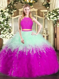Elegant Tulle Scoop Sleeveless Zipper Ruffles Quince Ball Gowns in Multi-color