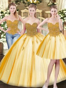 Fashion Gold Lace Up Sweetheart Beading and Appliques 15th Birthday Dress Tulle Sleeveless