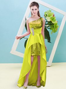 Fitting High Low A-line Sleeveless Yellow Prom Dresses Lace Up