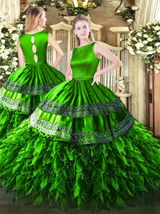 Dramatic Sleeveless Satin and Organza Floor Length Clasp Handle Ball Gown Prom Dress in Green with Ruffles