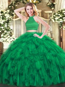 Clearance Sleeveless Floor Length Beading and Ruffles Backless Quinceanera Gowns with Green