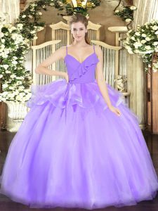Extravagant Lavender Ball Gowns Ruffles Quinceanera Gowns Zipper Organza Sleeveless Floor Length