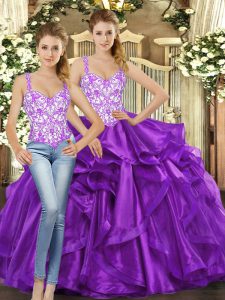 Luxurious Floor Length Lace Up Sweet 16 Dress Eggplant Purple for Military Ball and Sweet 16 and Quinceanera with Beading and Ruffles