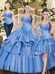 Eye-catching Tulle Sweetheart Sleeveless Lace Up Beading and Ruffled Layers 15 Quinceanera Dress in Baby Blue