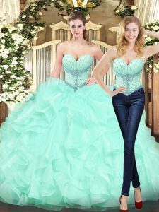 Deluxe Apple Green Ball Gowns Beading and Ruffles Quince Ball Gowns Lace Up Organza Sleeveless Floor Length