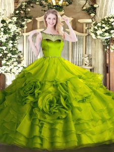 Graceful Olive Green Zipper Vestidos de Quinceanera Beading and Ruffles Sleeveless Floor Length