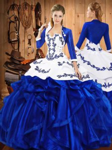 Satin and Organza Sleeveless Floor Length Quince Ball Gowns and Embroidery and Ruffles