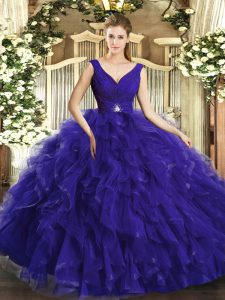 Ideal Floor Length Backless Quince Ball Gowns Purple for Sweet 16 and Quinceanera with Beading and Ruffles