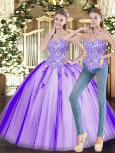 Sweetheart Sleeveless Quinceanera Gowns Floor Length Beading Lavender Tulle