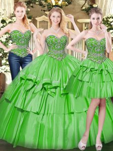 Most Popular Green Three Pieces Beading and Ruffled Layers Quinceanera Dress Lace Up Organza Sleeveless Floor Length