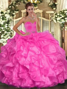 Organza Sweetheart Sleeveless Lace Up Beading and Ruffles Ball Gown Prom Dress in Hot Pink