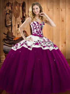 Sweetheart Sleeveless Quinceanera Dress Floor Length Embroidery Fuchsia Satin and Tulle