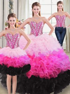 Noble Sleeveless Floor Length Beading and Ruffles Lace Up Quinceanera Gown with Multi-color