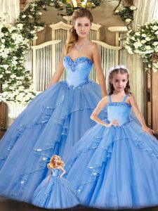 Glorious Baby Blue Ball Gowns Organza Sweetheart Sleeveless Beading and Ruffles Floor Length Lace Up Quinceanera Gowns