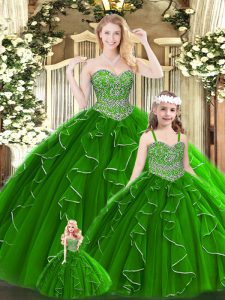 Colorful Green Ball Gowns Sweetheart Sleeveless Tulle Floor Length Lace Up Beading and Ruffles Vestidos de Quinceanera