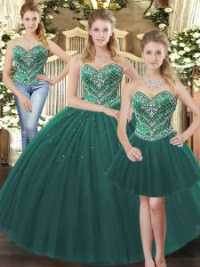 Custom Design Sleeveless Tulle Floor Length Lace Up Sweet 16 Quinceanera Dress in Dark Green with Beading