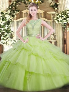 Fancy Floor Length Yellow Green Quinceanera Gowns Tulle Sleeveless Beading and Ruffled Layers