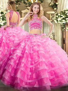 Deluxe Floor Length Rose Pink Quinceanera Dresses Tulle Sleeveless Beading and Ruffled Layers