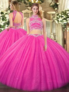 Adorable High-neck Sleeveless Backless Quinceanera Gown Hot Pink Tulle