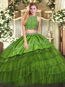 Olive Green Sleeveless Tulle Zipper Quinceanera Gown for Military Ball and Sweet 16 and Quinceanera