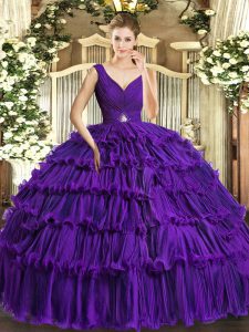 Trendy Purple Ball Gowns Beading and Ruffled Layers Sweet 16 Dresses Backless Organza Sleeveless Floor Length