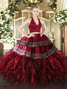 Deluxe Wine Red Two Pieces Organza Halter Top Sleeveless Appliques and Ruffles Floor Length Zipper Quinceanera Dress