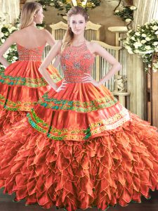 Exceptional Floor Length Rust Red Quinceanera Gown Tulle Sleeveless Beading and Ruffles and Sequins