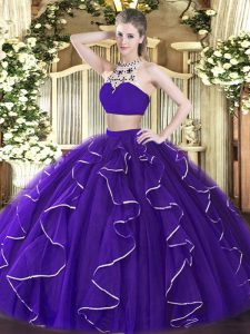 Purple Two Pieces Beading and Ruffles 15th Birthday Dress Backless Tulle Sleeveless Floor Length