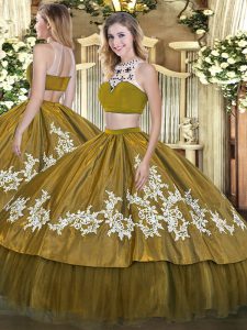 Floor Length Backless Quinceanera Dress Olive Green for Military Ball and Sweet 16 and Quinceanera with Beading and Appliques