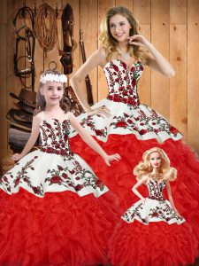 High End White And Red Sleeveless Satin and Organza Lace Up 15th Birthday Dress for Military Ball and Sweet 16 and Quinceanera