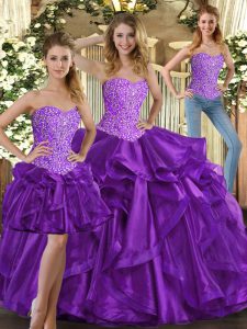 Affordable Eggplant Purple Sweetheart Neckline Beading and Ruffles Quince Ball Gowns Sleeveless Lace Up