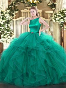 Traditional Turquoise Sleeveless Floor Length Ruffles Clasp Handle Quince Ball Gowns