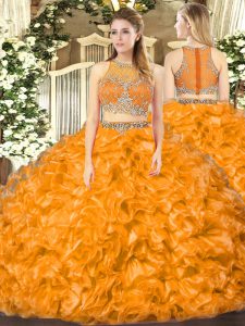 Orange Red Zipper Scoop Beading and Ruffles Sweet 16 Dress Organza Sleeveless