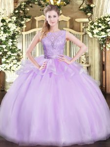 Sleeveless Organza Floor Length Backless Quinceanera Dresses in Lavender with Lace