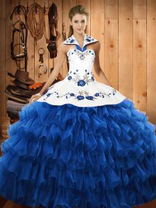 Halter Top Sleeveless Lace Up Sweet 16 Quinceanera Dress Blue Organza