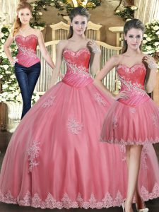 Floor Length Rose Pink Quince Ball Gowns Tulle Sleeveless Beading and Appliques