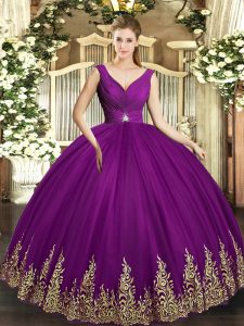 Romantic Eggplant Purple Ball Gowns Tulle V-neck Sleeveless Beading and Appliques and Ruching Floor Length Backless Quinceanera Dress