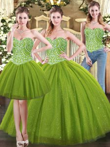 Sleeveless Floor Length Beading Lace Up Vestidos de Quinceanera with Olive Green