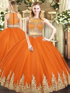 Orange Red Sleeveless Tulle Zipper 15th Birthday Dress for Military Ball and Sweet 16 and Quinceanera