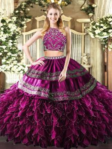 Glamorous Fuchsia Ball Gowns Beading and Ruffles Quinceanera Gown Zipper Tulle Sleeveless Floor Length