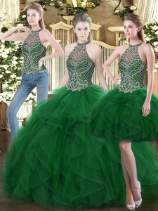 Trendy Dark Green Organza Lace Up Quinceanera Dresses Sleeveless Floor Length Beading and Ruffles