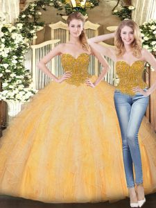 Floor Length Gold Sweet 16 Dresses Tulle Sleeveless Beading and Ruffles