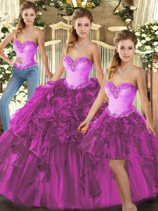 Cheap Fuchsia Lace Up 15th Birthday Dress Beading and Ruffles Sleeveless Floor Length