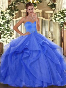 Pretty Sweetheart Sleeveless Quinceanera Gowns Floor Length Beading and Ruffles Blue Tulle