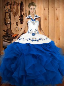 Blue Ball Gowns Tulle Halter Top Sleeveless Embroidery and Ruffles Floor Length Lace Up Quinceanera Dresses