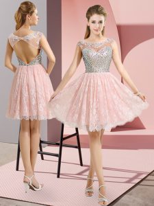 New Style Baby Pink Cap Sleeves Mini Length Beading Backless Prom Evening Gown