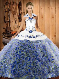 Modest Fabric With Rolling Flowers Halter Top Sleeveless Sweep Train Lace Up Embroidery Sweet 16 Quinceanera Dress in Multi-color