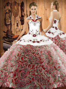 Noble Multi-color Halter Top Neckline Embroidery Quinceanera Dresses Sleeveless Lace Up