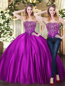 Top Selling Floor Length Lace Up Sweet 16 Quinceanera Dress Purple for Military Ball and Sweet 16 and Quinceanera with Beading